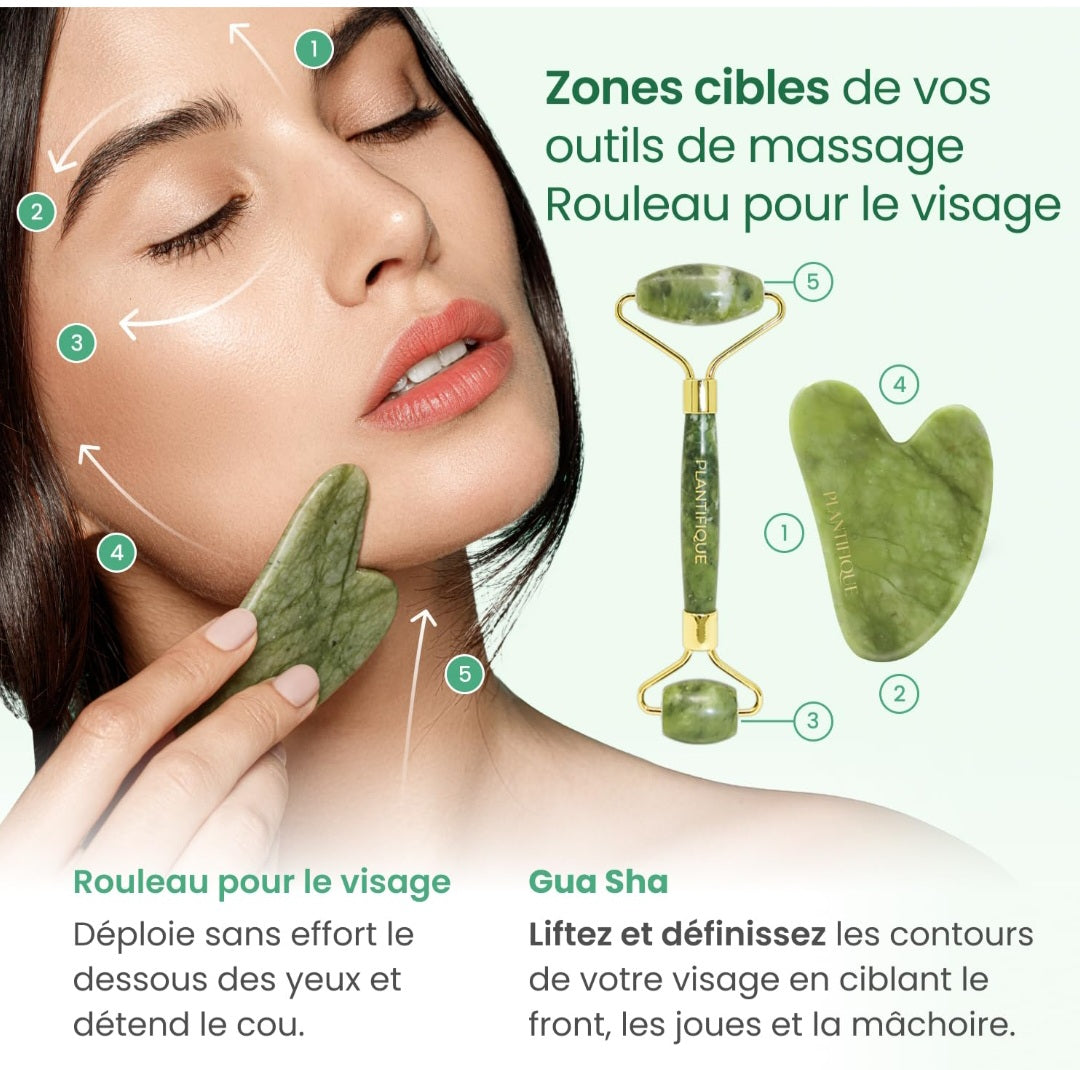 Rouleau de Jade et Gua Sha | Massage du Visage avec Pierre Véritable | Anti-Âge